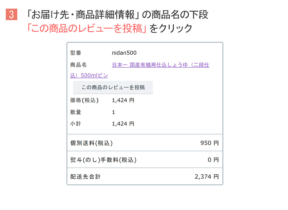 お届け先・商品詳細情報の商品名下段「この商品のレビューを投稿」をクリック